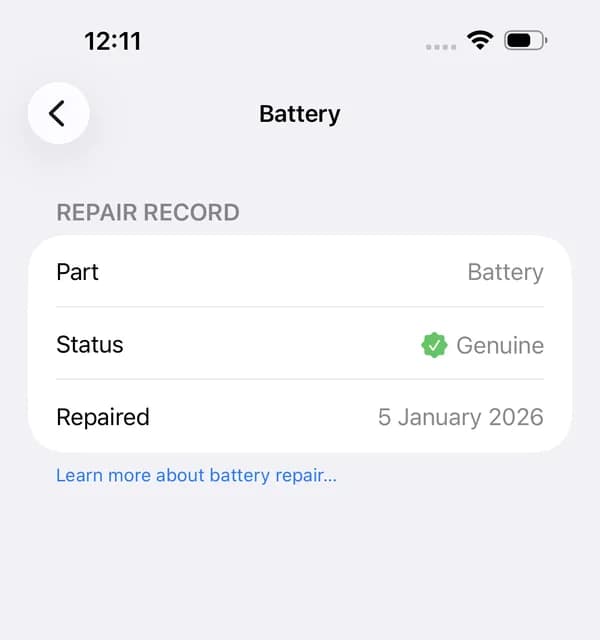 iPhone Settings, battery repair record: status Genuine