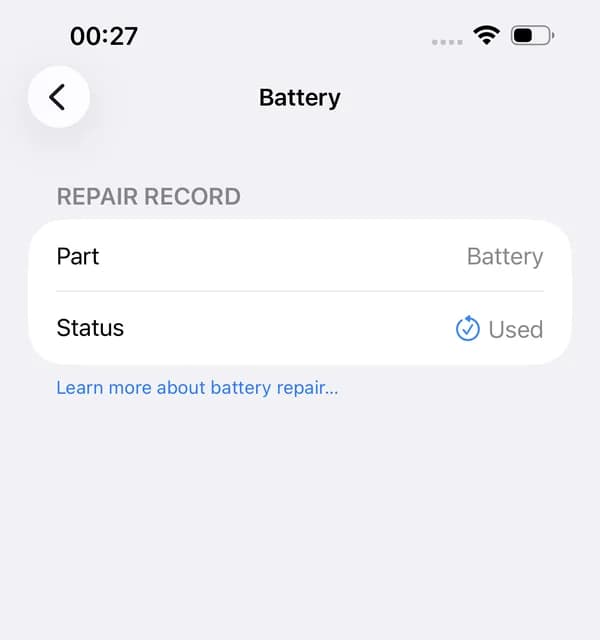iPhone Podešavanja, zapis o popravci baterije: status Used