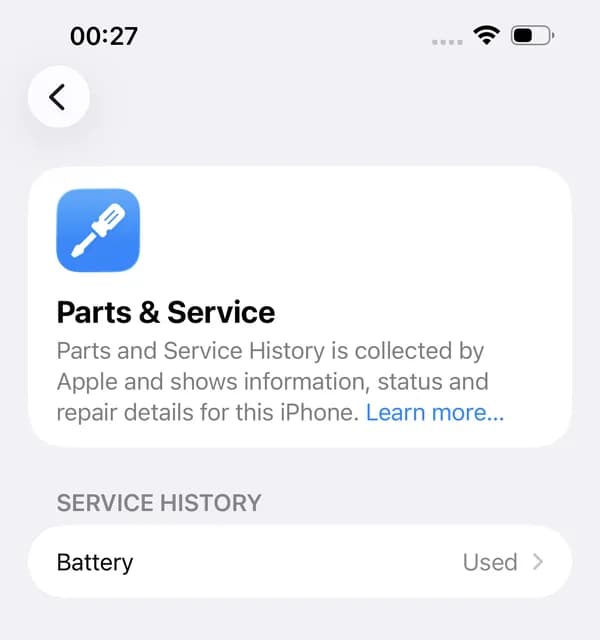 iPhone Podešavanja, Delovi i servis: baterija označena kao Used