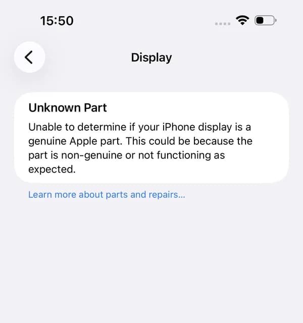 iPhone Settings, display detail: Unknown Part