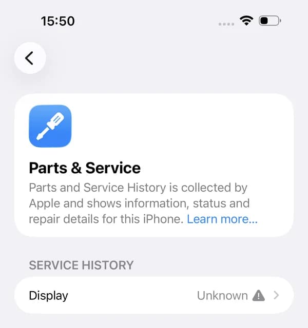 iPhone Settings, Parts & Service: display shown as Unknown