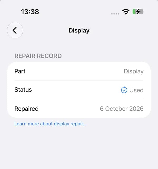 iPhone Settings, display repair record: status Used