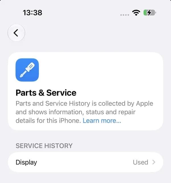 iPhone Podešavanja, Delovi i servis: ekran (Display) označen kao Used