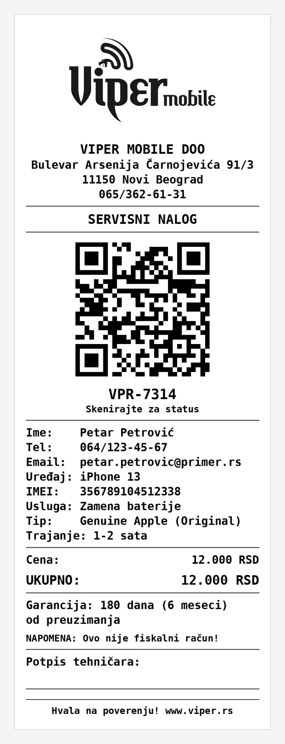 Primer servisne potvrde Viper Mobile sa QR kodom za praćenje statusa popravke