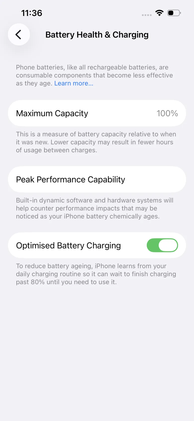 iPhone battery replacement — Battery Health showing Maximum Capacity 100% after replacement — Viper Mobile