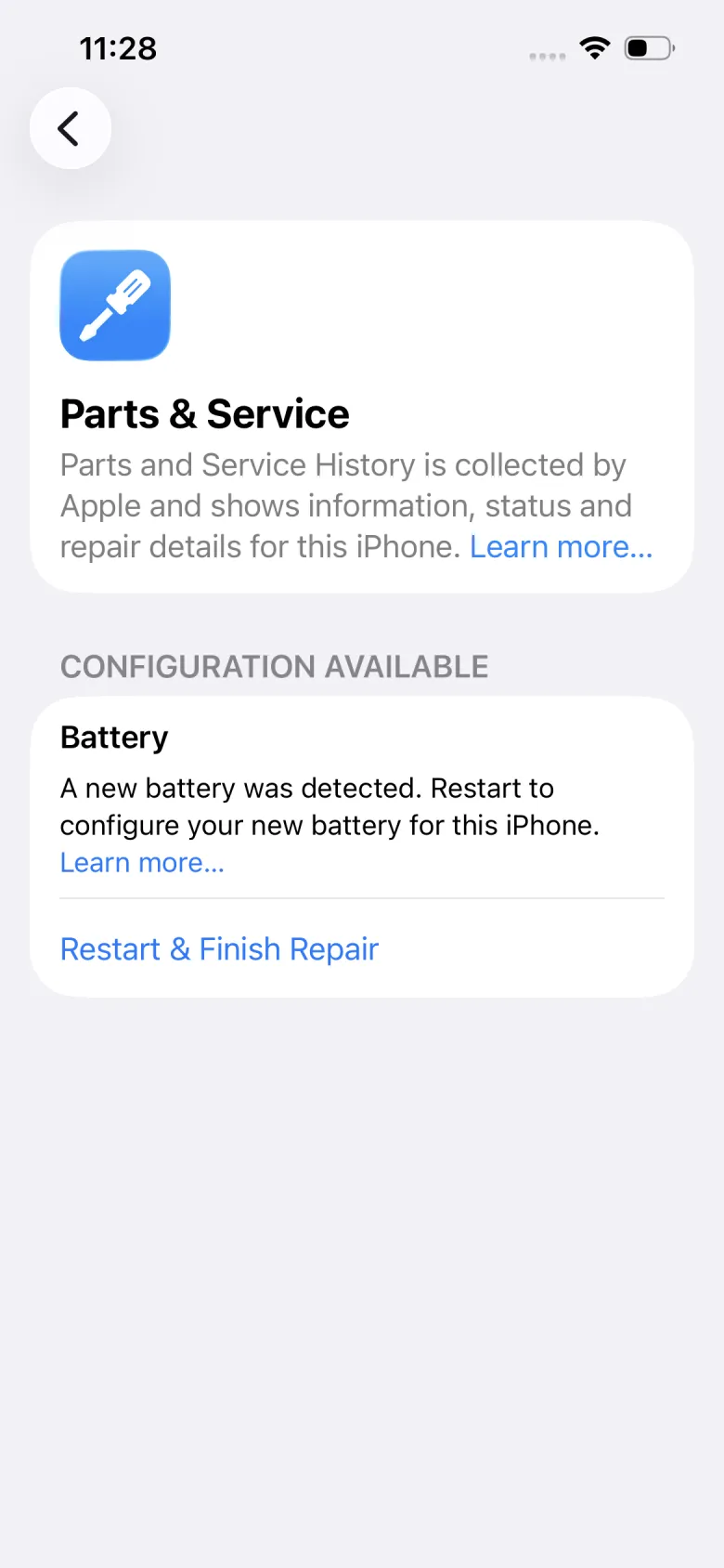 iPhone battery replacement — iOS Parts & Service "Restart & Finish Repair" prompt after installation — Viper Mobile