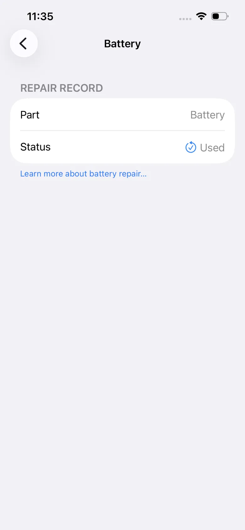 Detalj zapisa o zamenjenoj bateriji u Parts & Service History — status „Used"