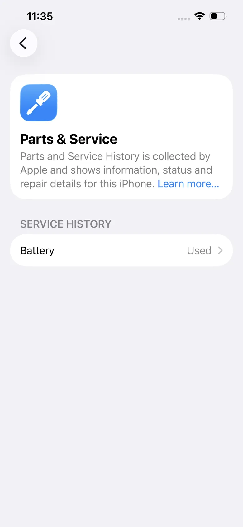 Parts & Service History na iPhone-u posle zamene baterije — baterija sa statusom „Used"